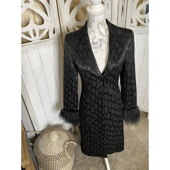 Vintage Black Jacquard Coat Jacket Faux Fur Trim Y2K Goth Whimsigoth Small - Picture 1 of 10